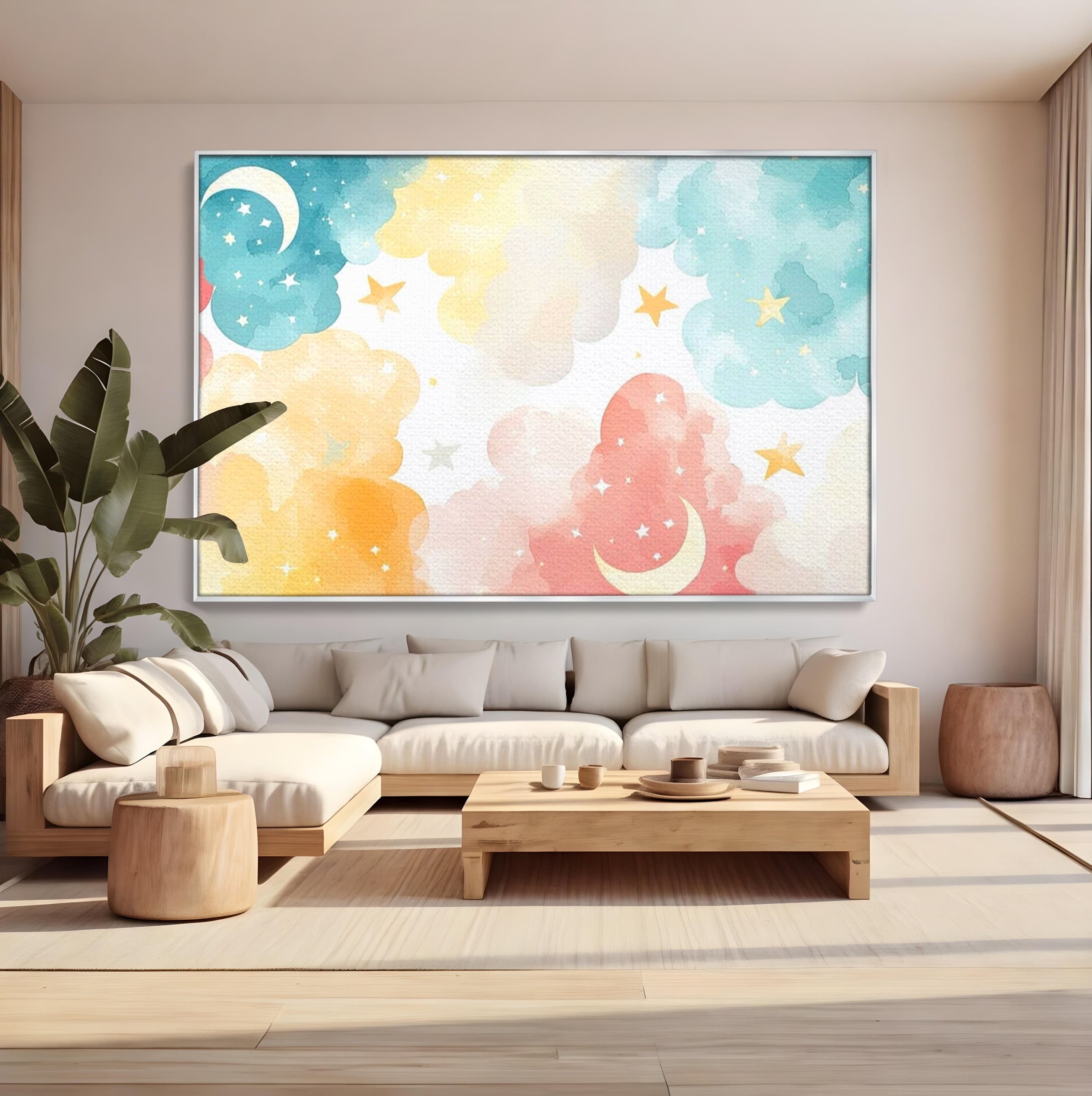 Tablou canvas cu ilustratie canvas cu nori si semiluni, in rama de aluminiu argintiu, pe perete intr-un living